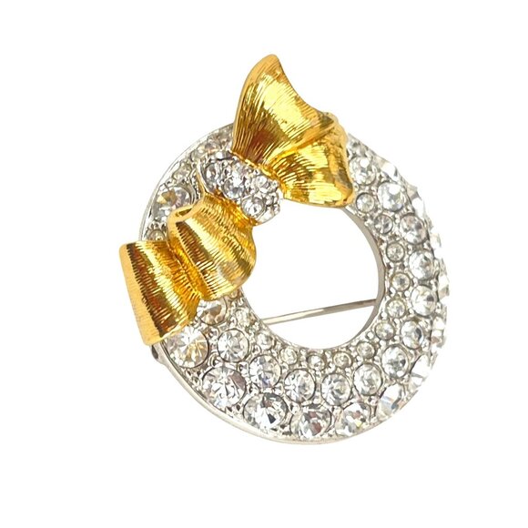 Swarovski Crystal Signed Rhodium Plated Wreath Pin Brooch Gold Bow Dainty - Picture 7 of 9